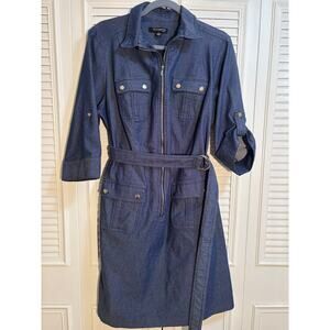 SHARAGANO 16W Denim Zip Front Shirt Dress Roll-Tab Sleeves, Belted Waist